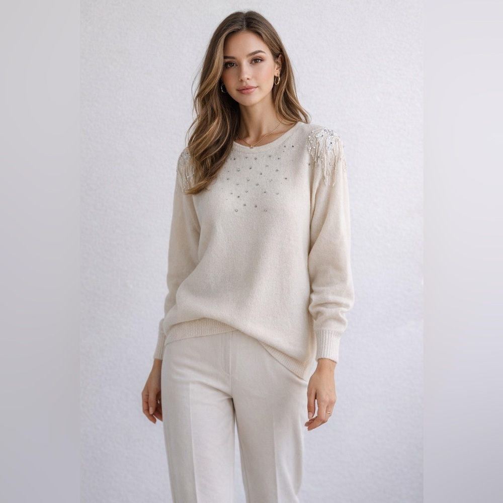 Vintage Rino Rossi Ivory Angora Blend Beaded Knit Sweater Size M Vintage Chic